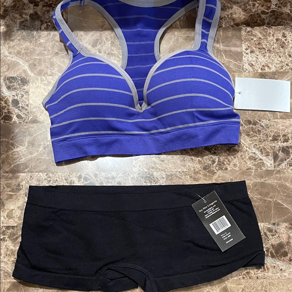 Blue and Gray Striped Sports Bra with Black Shorts
